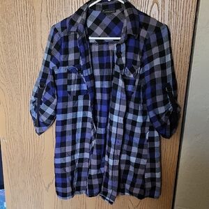 Twentyone Blue,Black,Grey Check Flannel Shirt With 3/4 Sleeves With Strap Design